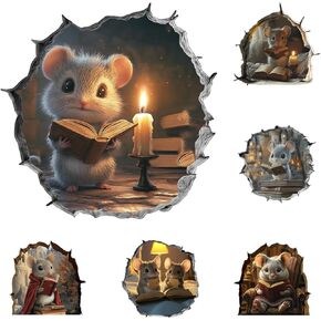 Pack 6 Pcs 3D Mouse Reading Book Stickers for Wall Decor Girls Boys Toddler Kids Room Bedroom Classroom Car Window Cute Sticker Waterproof Removable Vinyl Decals Home Accessories