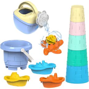 Bath Toys Set for Kids 11 Pcs | Includes Watering Can, Boats, Toy Animals, Stacking Cups & Buckets for Baby Boys & Girls | Water Bathtub Indoor Games for Toddlers | Kids Ages 1+