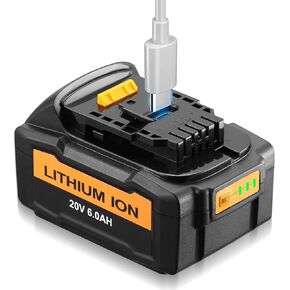 【USB-C Charging】 20V 6.0Ah Replacement for Dewalt Battery with Type-C Port Charging Compatible with DCB200 DCB204 DCB206 DCD DCF DCG Series Cordless Power Tools