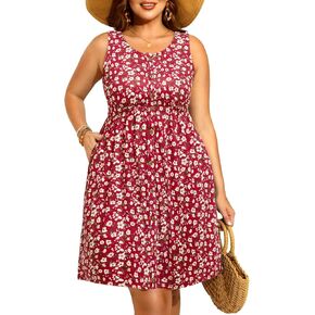 فستان Pinup Fashion نسائي صيفي بمقاسات كبيرة وجيوب كاجوال على شكل حرف A وأزرار سفلية بدون أكمام ورقبة واسعة