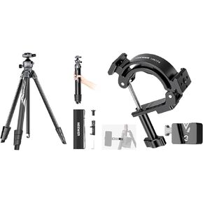 NEEWER LITETRIP LT07 61" Aluminum Travel Tripod for Camera w Pan Tilt Low Profile Ball Head, Super Clamp Multifunctional Tripod Clamp Mount with V Mount Battery Plate Included