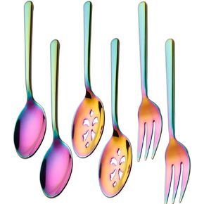 Serving Spoons*2 Slot Spoons* 2 Forks *2 Buffet Colander Stainless Steel Banquet Set, Set of 6. Lenght 9" (6-spoon forks set)