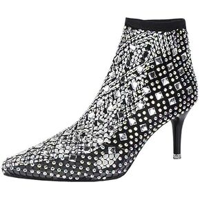 URLECHS Women's Mesh Hollow Out Stiletto Ankle Boots Sexy Pointed Fashion Rhinestone Booties Party Prom Evening Dress Boots