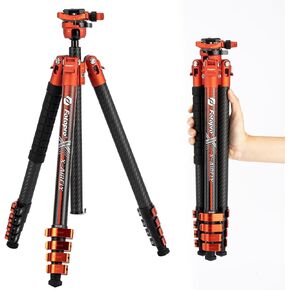 Fotopro 63 Inch Carbon Fiber Tripod with Panoramic Ball Head Flip Lock 2.51lb Lightweight Expandable Compact Portable Professional Camera Tripod for DSLR Load up to 33lb X-Airfly Orange