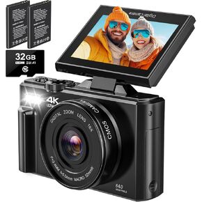 4K Digital Camera for Photography - 64MP Vlogging Camera for YouTube - Auto-Focus 4K Video Camera with 18X Zoom - 3" 180° Flip Screen Compact Travel Camera with 32GB SD Card, 2 Batteries