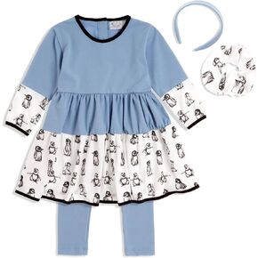Toddler Girl Dress Outfit Set, Long Sleeve Dress w/Leggings & Hair Accessories, Organic Cotton 2T-6Y