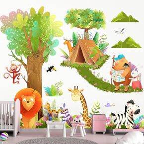 Safari Animals Tree Wall Decals Forest Giraffe Bear Fox Lion Jungle Wall Stickers Baby Nursery Kids Bedroom Living Room Wall Decor