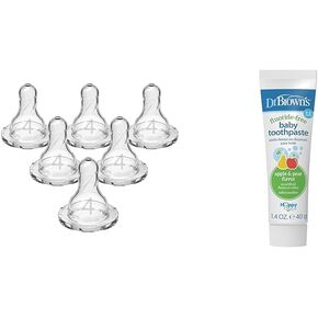 Dr. Brown's Baby Bottle Nipples Level 4 Fast Flow, 6 Pack & Fluoride-Free Toothpaste for Infants & Toddlers, Apple Pear