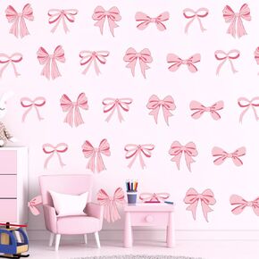 12 Sheets Trendy Bow Wall Stickers Light Pink Bow Wall Decals Cartoon Room Mural Stickers for Coquette Birthday Party Home Nursery Decor, 7.9 x 11.8 Inch