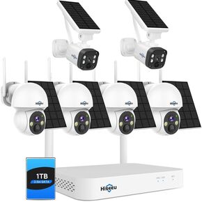 Hiseeu Wireless Solar Camera System Outdoor, 4PCS 4MP Home Battery Camera with 1T HDD, PTZ 360° View, PIR Motion Detection, Color Night Vision, IP66, 2-Way Audio, 2.4G WiFi, No Monthly Fee