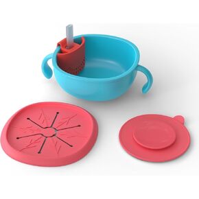 KinderSense Numi Baby Feeding Super Bowl: Safety-First Design with Food Straw, Snack Cover, Leak-Proof Seals, Grip Handles and Suction Bottom - BPA Free + FDA Registered (Green/Red)
