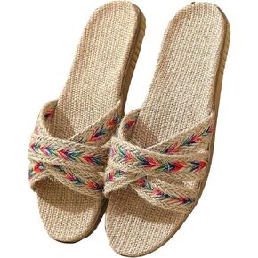 OYOANGLE Women's Colorblock Criss Cross Strap Open Toe Slippers Indoor Linen Bedroom Slides Slippers