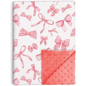 Pink Bow Baby Blanket for Girls, Cute Bowknot Soft Double Layer Minky with Dotted Backing, for Infant Newborn Nursery Baby Crib Receiving Blanket Bows Newborn, 30"x40"