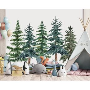 6 Rolls Watercolor Pine Tree Wall Stickers 35.4 x 71 Inch Christmas Forest Wall Decals Large Room Mural Stickers for Woodland Nursery Xmas Home Party Decor
