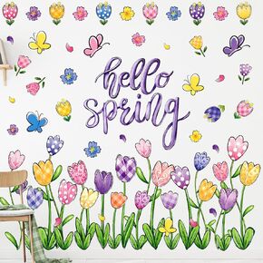 9 Sheets Hello Spring Wall Decals Colorful Tulip Floral Butterfly Wall Stickers Oil Painting Flower Mural Wall Decor for Home Nursery Living Room Bedroom