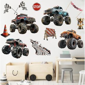 Runtoo Large Monster Truck Wall Decals for Boys Racing Car Road Wall Stickers Kids Bedroom Playroom Wall Decor