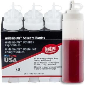 Tablecraft Plastic Condiment Squeeze Bottles, Cone-Tip Top, Tethered Cap, Commercial Foodservice Restaurant Use, Widemouth 63mm Empty Squirt Dispenser for Sauce, Food Prep, 16 oz, 473 mL, Clear, 6 Pc