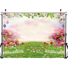 8X6FT Easter Backdrop Spring Easter Photography Backdrop Colorful Eggs Rabbit with Rainbow Backdrop Rainbow Nature Scenery Easter Party Banner DH-1110