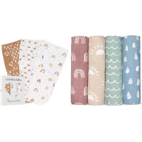 Comfy Cubs Swaddle Blanket Baby Girl Boy Easy Adjustable 3 Pack and Muslin Swaddle Blankets Bundled