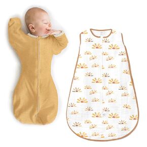 SwaddleDesigns Baby Sleep Sack Set, Gold and Sunny Days, 6-9 Mo Transitional Swaddle Sack with Arms Up Half-Length Sleeves & Mitten Cuffs and 6-12 Mo Cotton Muslin Wearable Blanket with 2-Way Zipper
