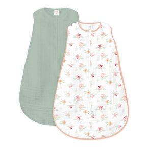 SwaddleDesigns Baby Sleep Sack 0-6 months, Cotton Muslin Wearable Blanket with 2-way Zipper, Non-Weighted Sleeping Sack for Safer Sleep, Watercolor Peachy Pink Floral and Jadeite, 2 Pack, Small
