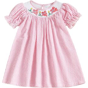 Newborn Baby Girl Easter Romper Short Puff Sleeve Stripes Print Smocked Bodysuit Toddler Baby Girl Dress For 0-6Y