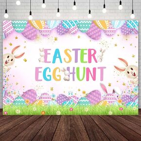 7x5ft Easter Egg Hunt Backdrop Easter Bunny Rabbit Photography Background Spring Easter Garden Grass Colorful Eggs Baby Shower Birthday Party Decorations Banner Photo Props