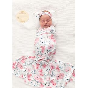 Baby Swaddle with Headband and Beanie Set Newborn Receiving Swaddle Blanket with a Name Card (Pink and Ink)