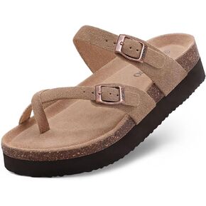 Women's Suede Platform Sandals Cork Footbed Adjustable Comfortable Support Summer Slides, Apricot 40