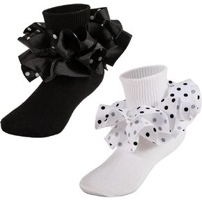 Girls Ruffle Socks Frilly Double Lace Polka Dot Socks Cotton Turn Cuff Socks for Toddler Kids Dress Ankle Socks