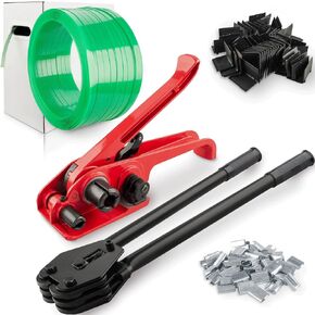 Pallet Packaging Banding Strapping Kit with Heavy Duty Strapping Tensioner Tool, Banding Sealer Tool, 5/8" x 984' Polyester Strapping Roll, 100 Metal Seals, 100 Plastic Packaging Corner(Black)