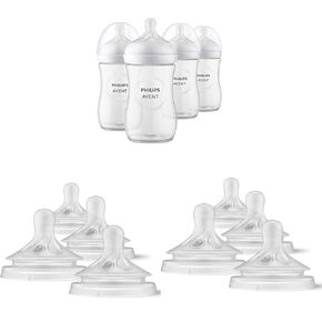 Philips Avent Natural Baby Bottle, 9oz, 4pk, SCY903/04 & Natural Response Baby Bottle Nipples Flow 3, 1M+, 4pk, SCY963/04 & Natural Response Baby Bottle Nipples Flow 2, 0M+, 4pk, SCY962/04