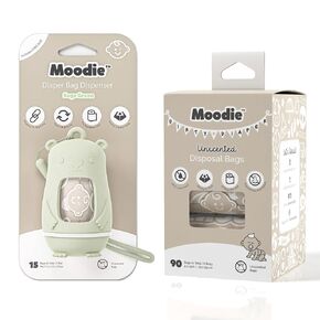 Moodie Teddy Bear Diaper Bag Dispenser w/Silicon Strap (SAGE GREEN) & 6 Refill Roll PACK (UNSCENTED - 105 Bags TOTAL) | Diaper Bag Essential Items