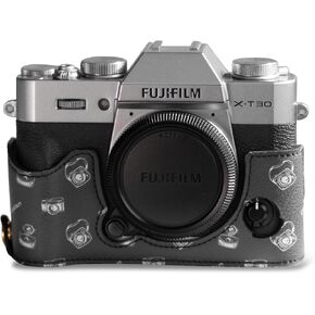 Cwatcun Leather Camera Half Case Compatible with Fujifilm X-T30 II, Vintage Pattern Style Leather Half Case with Magnetic Battery Access, Black