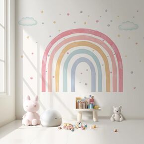 Watercolor Large Rainbow Wall Decals with Cloud and 30pcs Polka Dots Colorful Peel and Stick Removable Wall Stickers Decor Murals for Kids Girls Bedroom Nursery Playroom