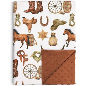 Western Cowboy Baby Blanket for Boys, Horse Theme Toddler Soft Minky Blanket with Double Layer Dotted Backing, Nursery Newborn Baby Crib Receiving My First Rodeo, 30"x40"