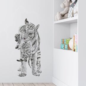 Lifelike White Tiger with Its Cub Wall Decal Nursery Jungle Animal Wall Sticker Removable Peel and Stick Wall Art Decor for Kid Baby Classroom Preschool Living Room Playing Room Bedroom School