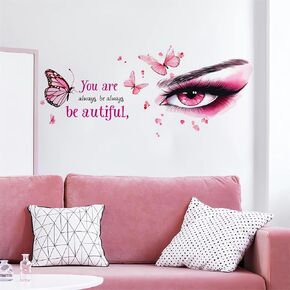 Pink Eyelash Eyes Butterfly Wall Stickers, sacinora Inspirational Quotes Wall Decals Removable Vinyl Peel and Stick for Girl Kids Women Living Room Bedroom Nursery Art Home Decorations