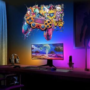 PLIGREAT 2 Sheets 3D Gamer Wall Stickers Graffiti Game Console Wall Decals Vinyl Video Game Wall Art Stickers Removable Peel and Stick Wall Decor for Playroom Bedroom Living Room Nursery School