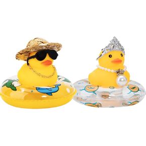 wonuu Pack of 2 Rubber Ducks, Queen Crown Pearl Duck and Straw Hat Duck, Surprising Birthday Gift Unique Table Decor Duck Car Decor Dashboard Decorations, Small