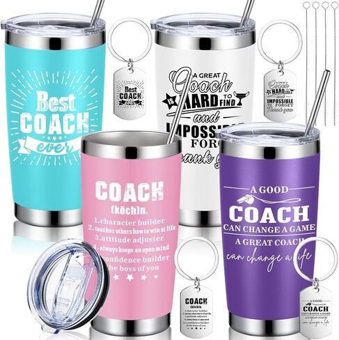 4 Sets Coach Gifts Best Coach Ever Stainless Steel Tumbler Coffee Mug with Keychain 20 oz Coaches Appreciation Gift Travel Tumbler for Soccer Volleyball Coach (Black,Artistic Pattern) in Saudi Arabia