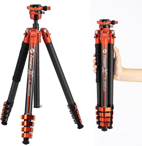 Fotopro 63 Inch Carbon Fiber Tripod with Panoramic Ball Head Flip Lock 2.51lb Lightweight Expandable Compact Portable Professional Camera Tripod for DSLR Load up to 33lb X-Airfly Orange in Saudi Arabia