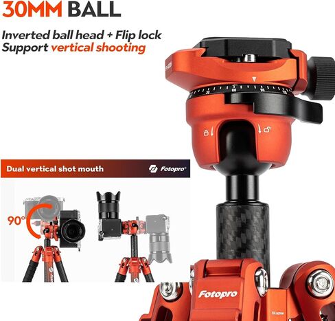 Fotopro 63 Inch Carbon Fiber Tripod with Panoramic Ball Head Flip Lock 2.51lb Lightweight Expandable Compact Portable Professional Camera Tripod for DSLR Load up to 33lb X-Airfly Orange in Saudi Arabia