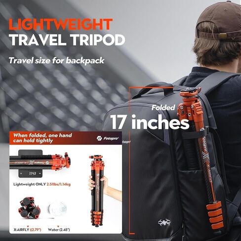 Fotopro 63 Inch Carbon Fiber Tripod with Panoramic Ball Head Flip Lock 2.51lb Lightweight Expandable Compact Portable Professional Camera Tripod for DSLR Load up to 33lb X-Airfly Orange in Saudi Arabia