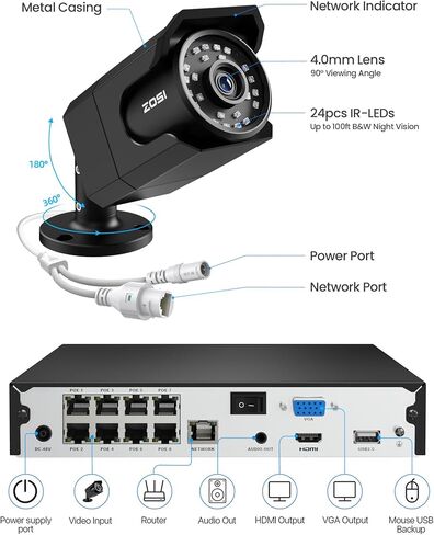 ZOSI 4K 8MP Security PoE IP Bullet Camera Outdoor Indoor with Audio, Human Detection, 100ft B&W Night Vision, 4.0mm Lens, 90° Viewing Angle, IP66 Weatherproof (Only Work 4K POE NVR) in Saudi Arabia