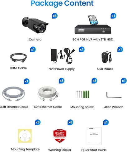 ZOSI 4K 8MP Security PoE IP Bullet Camera Outdoor Indoor with Audio, Human Detection, 100ft B&W Night Vision, 4.0mm Lens, 90° Viewing Angle, IP66 Weatherproof (Only Work 4K POE NVR) in Saudi Arabia
