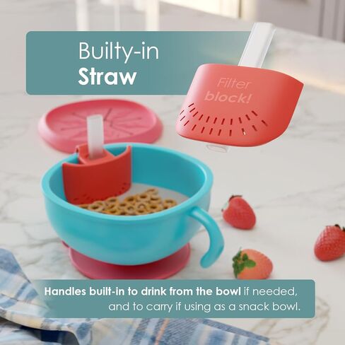 KinderSense Numi Baby Feeding Super Bowl: Safety-First Design with Food Straw, Snack Cover, Leak-Proof Seals, Grip Handles and Suction Bottom - BPA Free + FDA Registered (Green/Red) in Saudi Arabia