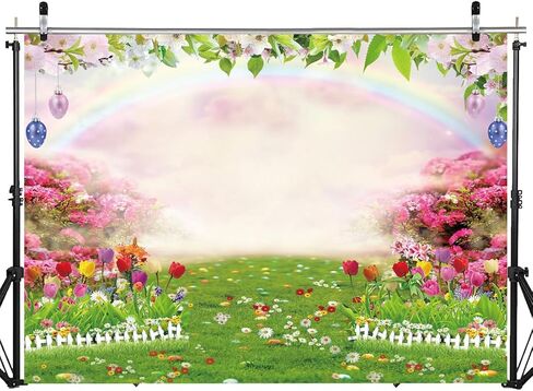 8X6FT Easter Backdrop Spring Easter Photography Backdrop Colorful Eggs Rabbit with Rainbow Backdrop Rainbow Nature Scenery Easter Party Banner DH-1110 in Saudi Arabia