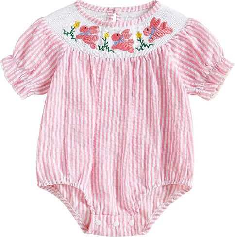 Newborn Baby Girl Easter Romper Short Puff Sleeve Stripes Print Smocked Bodysuit Toddler Baby Girl Dress For 0-6Y in Saudi Arabia