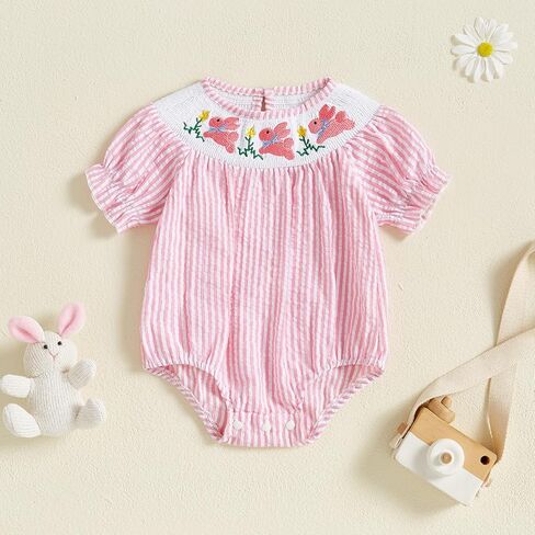 Newborn Baby Girl Easter Romper Short Puff Sleeve Stripes Print Smocked Bodysuit Toddler Baby Girl Dress For 0-6Y in Saudi Arabia